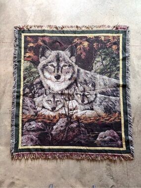 Vintage 1998 Woven Wolf Family Tapestry Throw Blanket - Multicolor